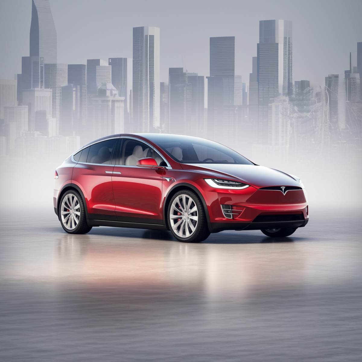 Red Tesla Model X with City in background - Pazi Performance Auto Body Shop Red Tesla Model X with City in background - Pazi Performance Auto Body Shop